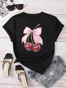 Neck Casual Tops for Summer Spring Women's Clothing Fashion Cherry Print Women T-Shirt Short Sleeve Crew