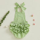 Infant Girl Halter Neck Romper with Cute Golf Cart Embroidery and Ruffle Detail - Sleeveless Newborn Playsuit for Summer Fun