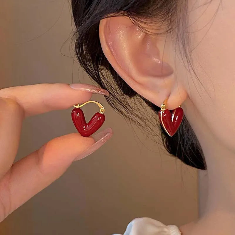 Vintage Red Enamel Love Heart Hoop Earrings For Women 2024 Elegant Dripping Oil Temperament Earrings Wedding Jewelry Gifts