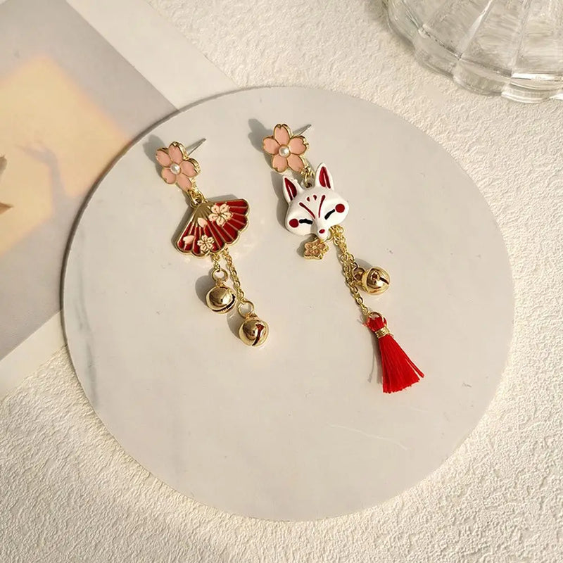 Women Japanese Sakura Flower Tassel Pendent Earrings Cute Asymmetrical Animal Dangle Drop Earrings