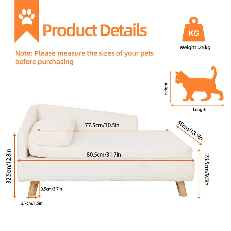 Luxury Elevated Dog Sofa Bed with Backrest Plush Cushion Wooden Legs Raised Dog Bed Lounger Chair for Small Medium Dog Cat Chair