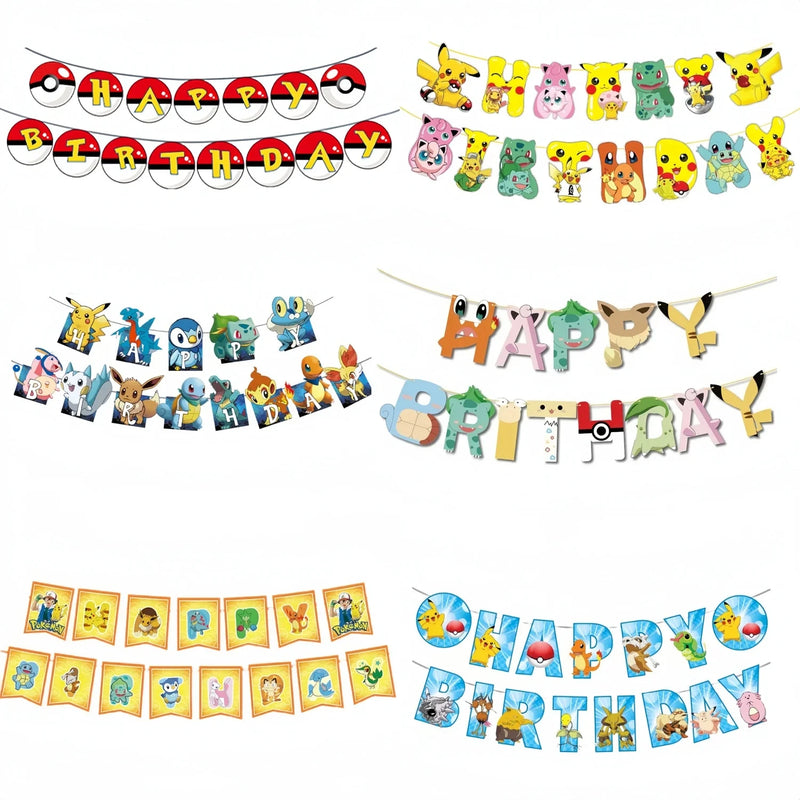 Pokemon Happy Birthday Banner Party Decoration Pikachu Flag Banner Baby Shower Kids Boys Favors Gifts For Party Decor Supplies