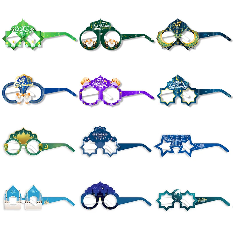 12/6pcs EID Mubarak Decoration Paper Glasses Frame Ramadan Islamic Muslim Photo Booth Props Kids Gift Eid Al Adha Party Supplies