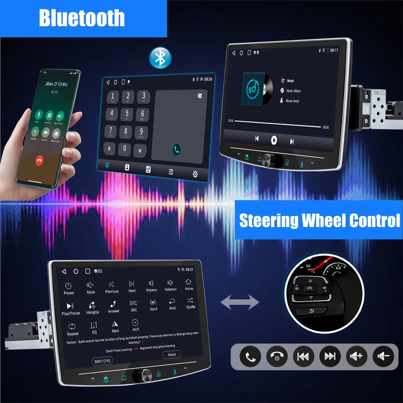 ESSGOO Android 14 4+64G Carplay Car Stereo Radio 1 DIN 10.1" Rotatable Screen GPS NAVI RDS w/ Microphone Knob Colorfull Button