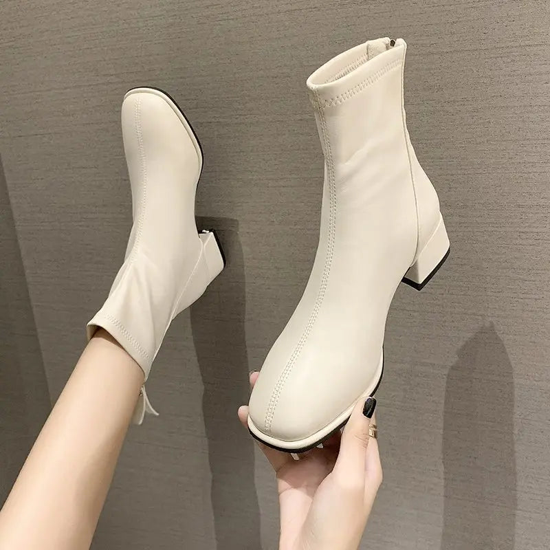 Elastic Socks Boots Fashion Ankle Boots Women High Heel Thicks  Heel Square Toe Short Boots Women Retro 2022 New Ladies Shoes