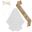 3tlg. Hochzeit Verlobung Party Brautdusche Dekorationen Zubehör Braut Tiara Krone Schärpe Schleier Set Junggesellinnenabschied Gastgeschenke