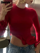 Shestyle Red Asymmetrical Ruffles T-Shirts Women Iron Shape Crew Neck Autumn Glowing Flare Sleeve Crop Tops New Arrivals Tees
