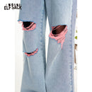 ELFSACK 2025 Summer New Arrivals Broken Hole Casual Wide Leg Loose Denim Pants For Women