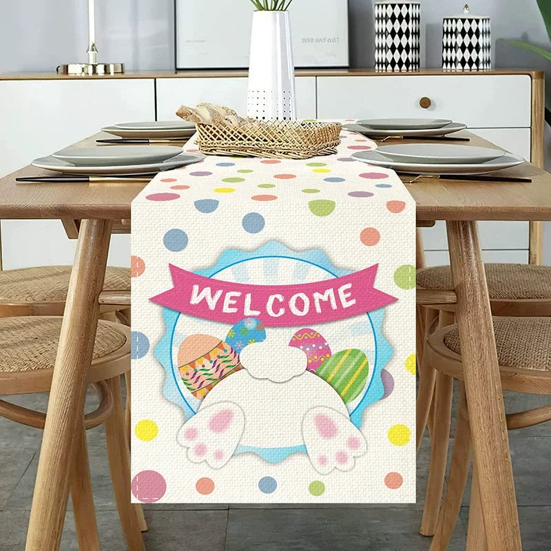 2025 Easter Rabbit Table Runner Linen Bunny Dining Table Cloth Placemat Spring Holiday Happy Easter Decoration For Home Kitchen