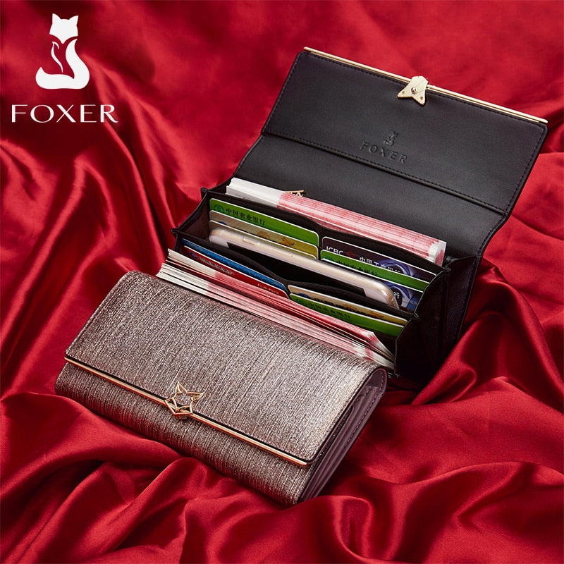 FOXER Brand Women Split Leather Wallets Female Clutch Bag Fashion Coins Card Holder Luxury Purse for Ladies Women's Long Wallet