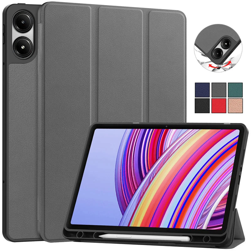 For Redmi Pad Pro 2024 Case with Pencil Holder Flip Stand Soft TPU Back Magnetic Smart Shell for Xiaomi Poco Pad Cover 12.1 Inch