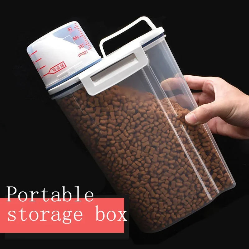 Dog Cat Food Pail Plastic Storage Tank with Measuring Cup Container Moisture-proof Sealed Jar Pet Supplies Accessories