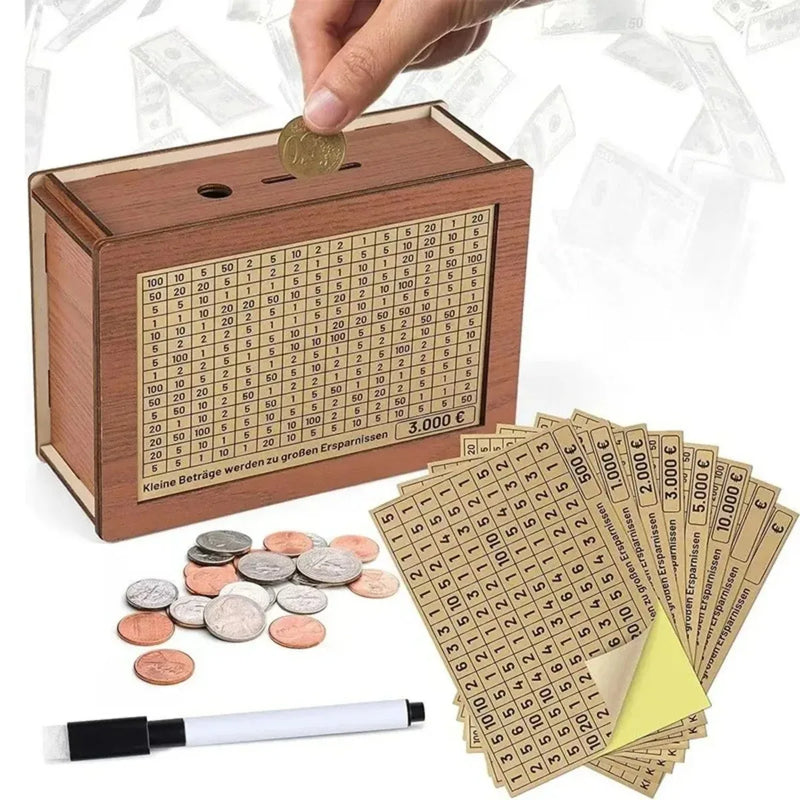 1000/2000/5000/10000 Wooden Euro Money Box Handmade Piggy Bank Reusable Coin Tray Storage with Saving Goal and Numbers Boxes