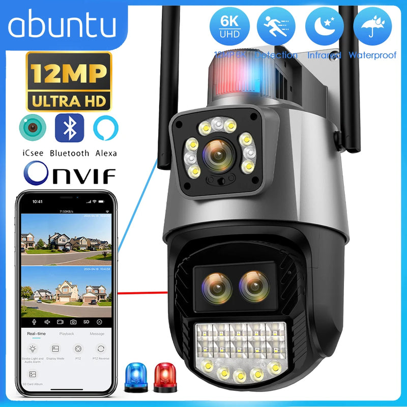 12MP 6K Wifi PTZ Camera Outdoor Three Lens Dual Screens 8X Digital Zoom Night Vision Surveillance Camera Security Protection