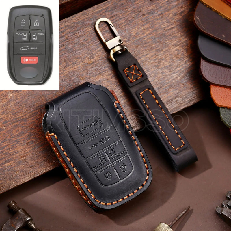 Leather Car Key Case Cover for Toyota Sienna Smart Car Key Fob 2021 2022 5/6 Buttons Remote Keyless Protector Holder Accessories