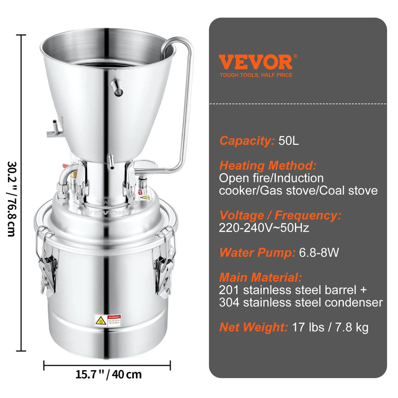 VEVOR Alcohol Still 13 Gal 50 L Water Alcohol Distiller Home Distillery Kit include 304 Stainless Steel Tube & Circulating Pump