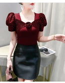 Women's Chic Youthful Square Neck Puff Sleeve T-Shirt Shimmery Floral Summer Blouse  Slim Fit Trendy Top