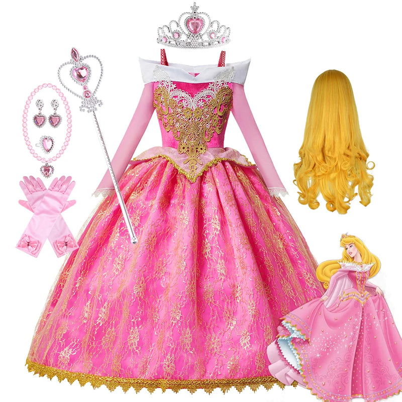 Disney Girls Sleeping Beauty Aurora Princess Halloween Cosplay Dress Off Shoulder Kids Gift Fancy Party Princess Clothing