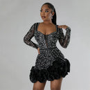 2024 Neues Damen Mesh Ärmel Bodycon Sexy Diamanten Geburtstagsparty Kleid Gestufte Rüschen Strass Perlen Nachtclub Kleid Pink