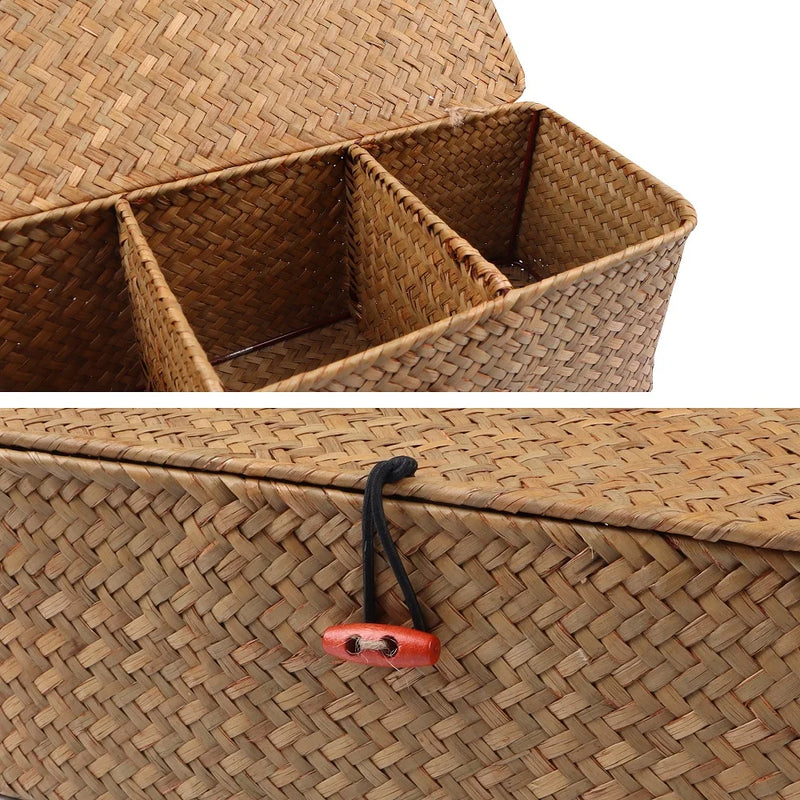 Hand Woven Storage Baskets with Lid Dust Clothing Basket Storage Box Rectangular Wardrobe Container Sundries Organizer 3 grids