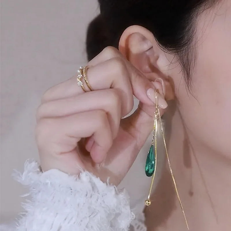 Korean Fashion Zircon Green Water Drop Earrings for Women Crystal Long Pendant Temperament Earring Girls Wedding Party Jewelry