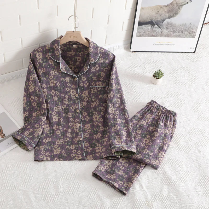 Floral Printed Cotton Women's Pajamas Suit for Spring and Autumn Jacquard Long Sleeved Large Size Home Women Sleepwear Set