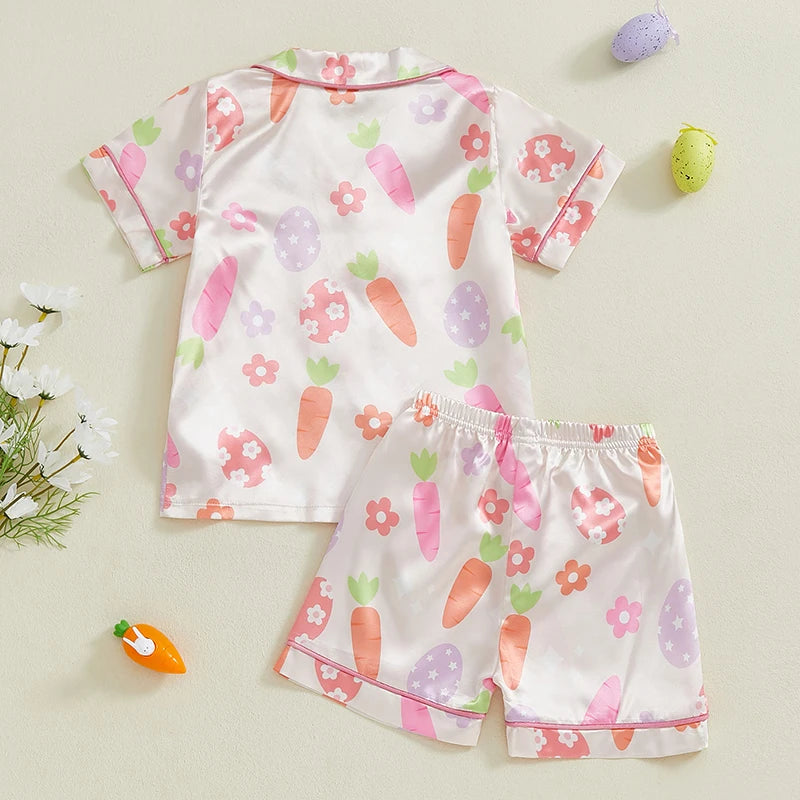 3-7Years Kids Girls Pajamas Set Eggs Flowers Carrots Print Short Sleeve Turn-down Collar Tops with Shorts Easter Sleepwear