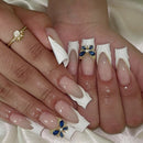 24Pcs Gold French Border False Nails Long Coffin False Nails with Rhinestones Ballerina Full Cover Nail Tips Press on Nails 2030