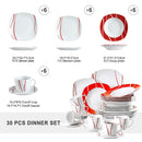 MALACASA 18/30 Piece Red Stripes Ivory White Porcelain Tableware Dinner Set with 6 Piece Cups Saucers Dessert Soup Dinner Plate