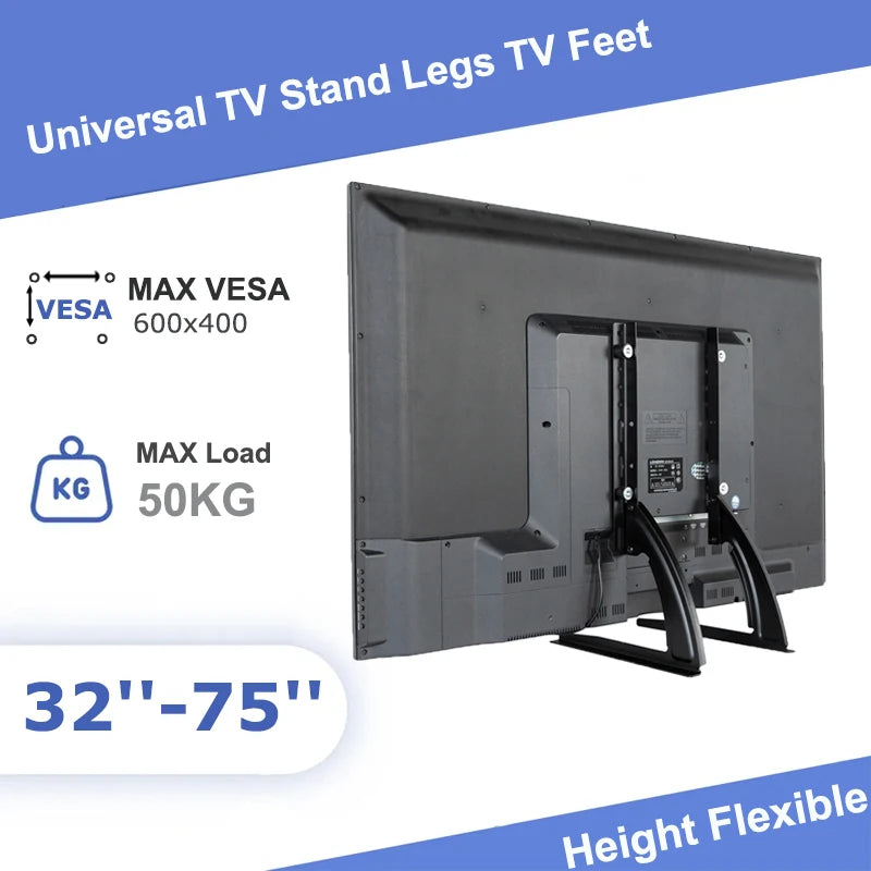 Universal TV Large Stand Height Adjustable Base for Most TVs Up to 75" Max VESA 600x400 mm Leg Stand Holds up to 110 lbs