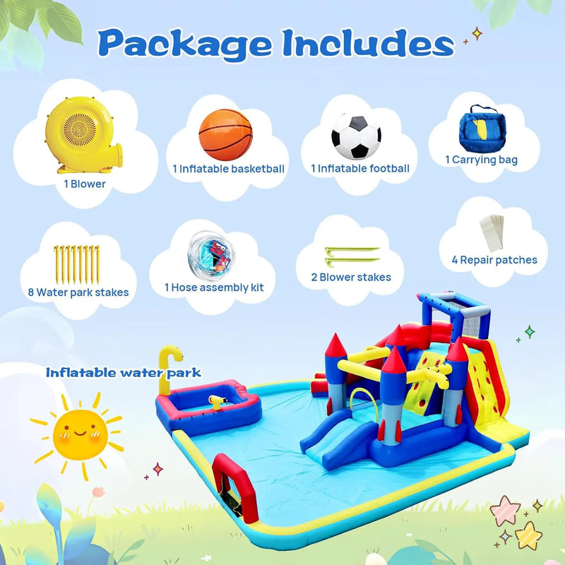 10 in 1 Inflatable Bounce House Water Park for Kids Toys Slide Waterslide with Splash Pool & Basketball & Climbing Wall & Blower