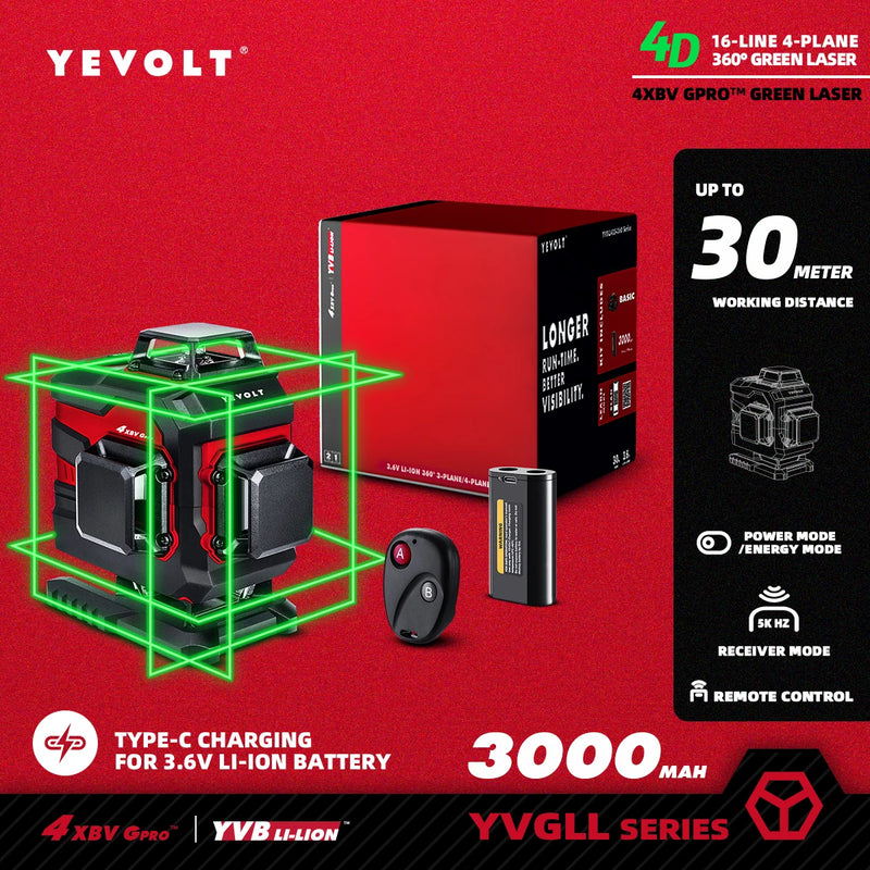 YEVOLT Laser Level Green Beam 4-Plane 16-Line Self-leveling 360 3D Ground-Hugging Horizontal & Vertical Tile Measuring Tools