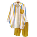 2Pcs/Set Shirt Pants Set Long Sleeve Casual Trendy Elastic Waist Breathable Polyester Stripes Blouse Pants Suit