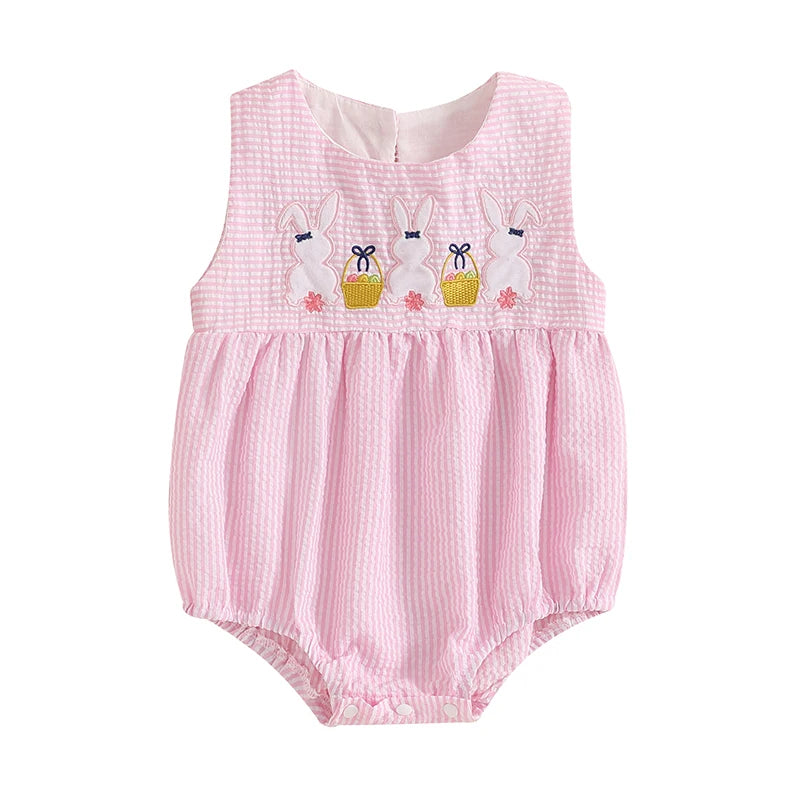 Toddler Girls Easter Outfits Bunny Embroidered Sleeveless Rompers Round Neck Infant Bodysuits Jumpsuits Spring Clothes