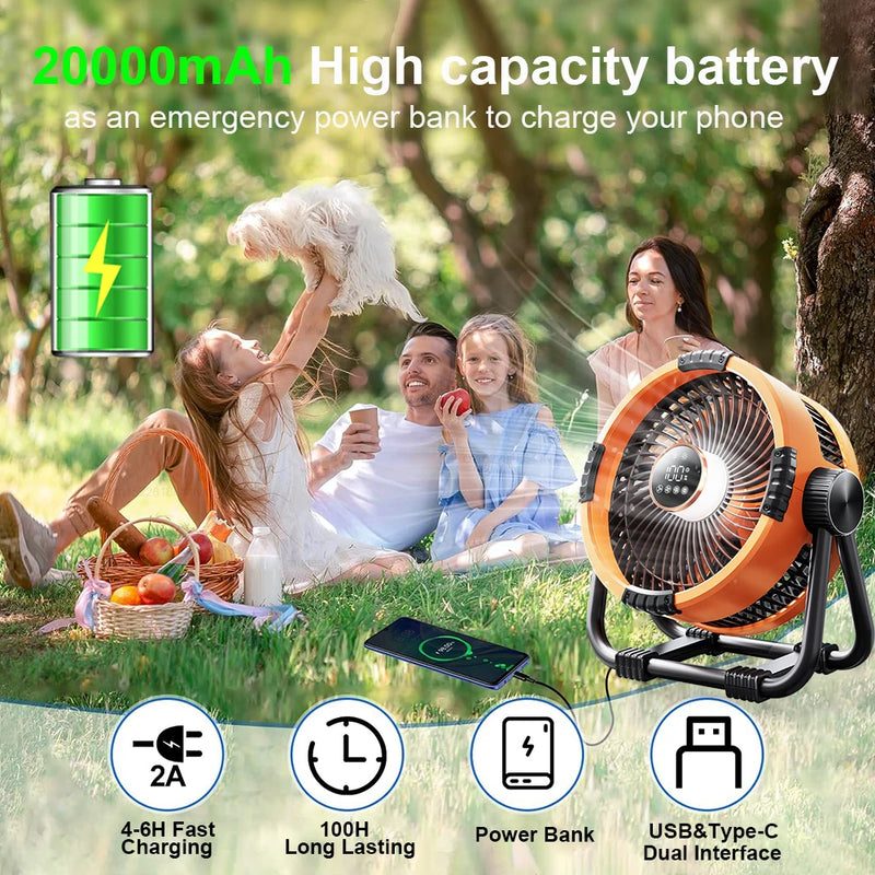 Camping Fan Rechargeable Portable Fan Wireless Outdoor Hook Ceiling Fan with 20000mAh Power Bank Remote Control LED Light