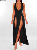 Womens Side Split Deep V Neck Bodycon Clubwear Maxi Vest Dress Sexy Sleeveless Bandage Slim Evening Cocktail Party  Long Dress