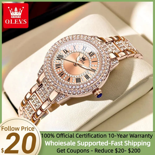 OLEVS 9943 Original Diamant-Uhr für Damen Luxus Elegant Edelstahl Wasserdicht Quarz Armbanduhr Mode Damenuhren