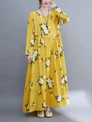 Long Sleeve O-Neck Floral Vintage Spring Autumn Blue Dresses For Women 2024 Casual Loose Elegant Office Lady Dress Femme Clothes