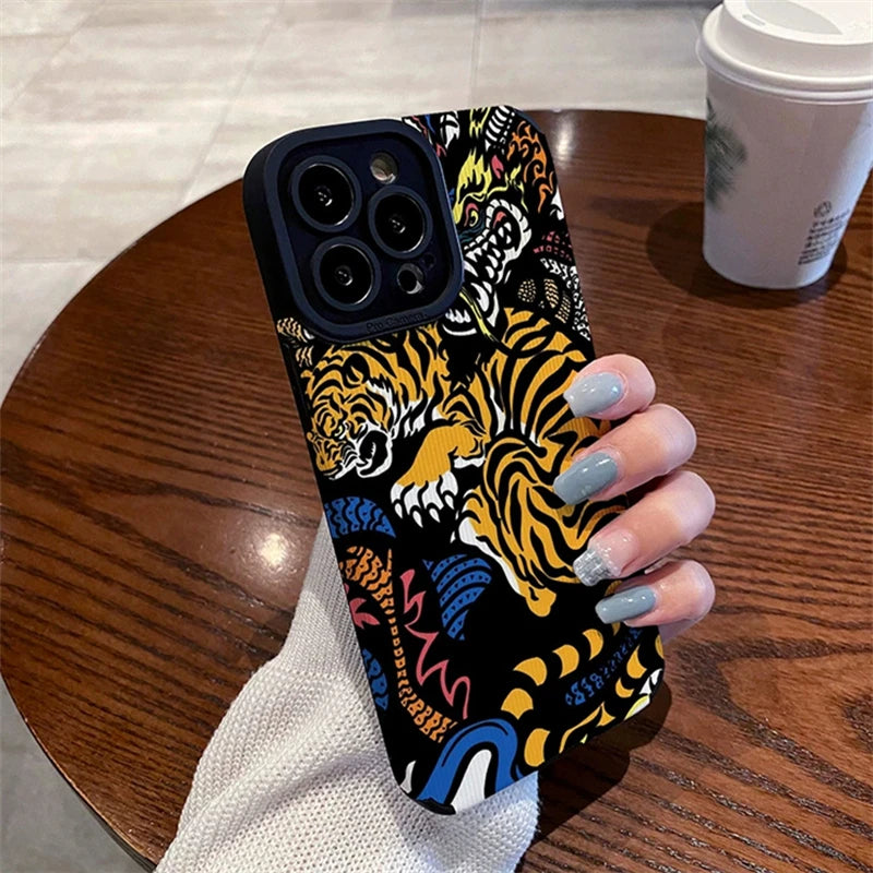 Cool Color Tiger Dragon Pattern Phone Case For iPhone 15 14 13 12 11 Pro Max MiNi X S XR 7 8 Plus Soft Shockproof Bumper Cover