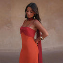 Color Blocking Scarf Collar Sling Dress Sexy Waist Cinching Chic Split Bodycon Maxi Dresses 2026 Lady Club Party Vestido