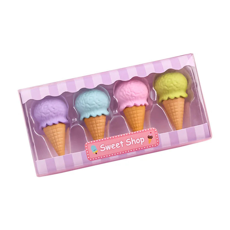 4pcs Yummy Icecream Erasers Set Mini Lollipop Dessert Popsicle Donuts Rubber Pencil Eraser for Kids Gift School Student Award