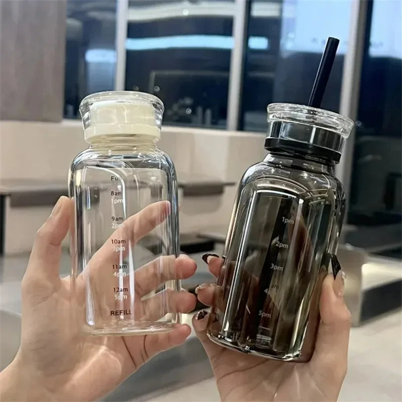 750/350ml Glass Transparent Water Bottles with Lid Straw Time Scale Milk Juice Drink Bottle Travel Coffee Mug Milk Tea Cup