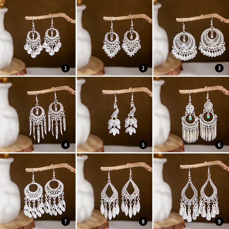 Vintage Long Tassel Silver Color Earrings Retro Hollow Out Geometry Peacock Dangle Hanging Earrings for Women Indian Jewelry