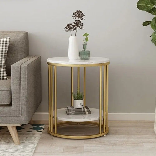 The Aria | Two-Tier White Marble Round Side Table with Storage