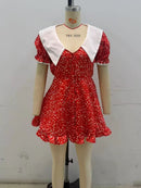 Red Floral Print Peter Pan Collar Dress Women Puff Sleeve V-neck High Waist A-line Mini Dresses Lady Evening Dinner Vestido 2026