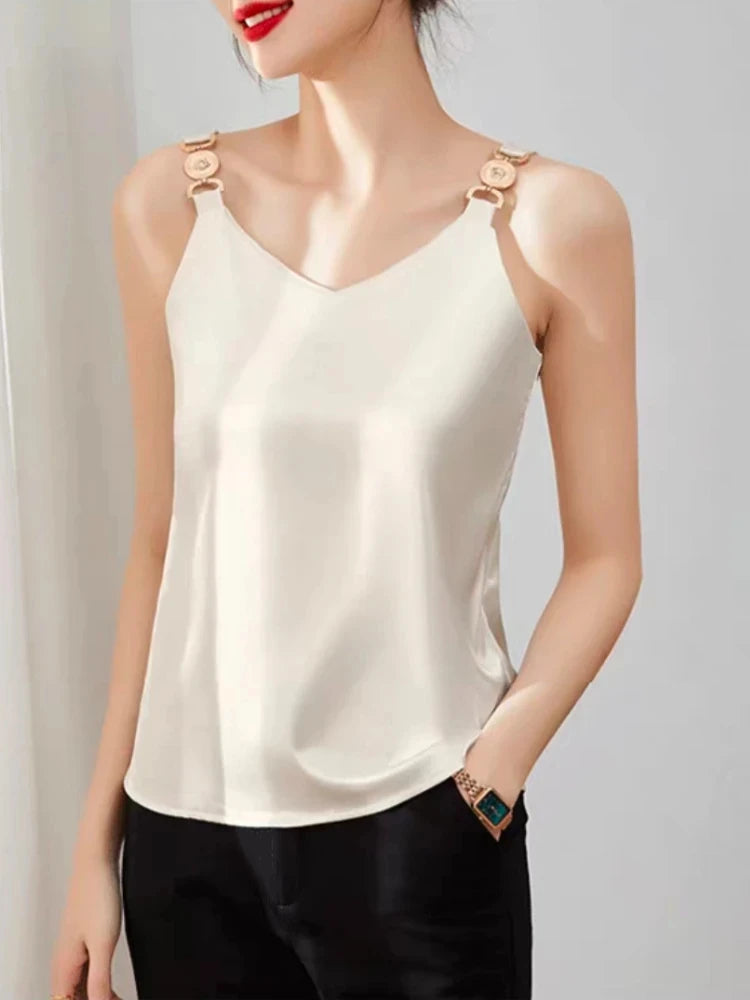 Wide Shoulder Straps Satin Sleeveless Women's T-shirt Fashion White V-neck Acetate Tank Top Temperament Elegant 2024 Summer Top