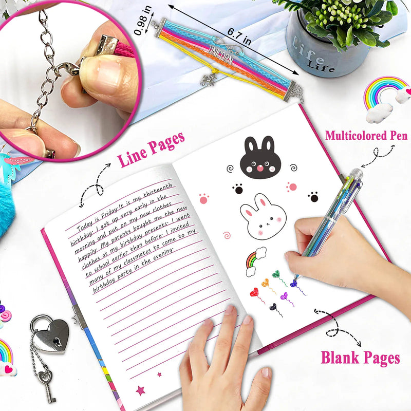 Pop Notebook for Kids, Fidget Journal Set Includes Diary with lock Pink Fashion Bracelet 6 Multicolor Ball Pen & Pop Pencil Case