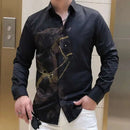 Rhinestones Shirts Mens Luxury Top Diamond Men's Shirt Long Mouw Slim Casual Shirt Black Animal Horse Shirt Social Camisa Hombre
