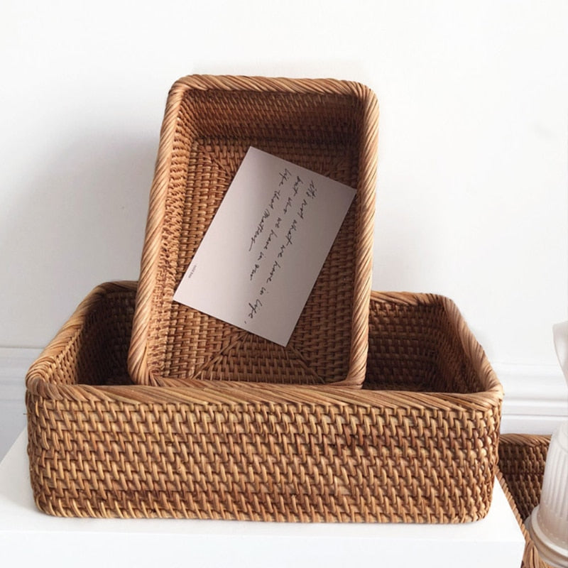 Hand-woven Rattan Wicker Basket Fruit Tea Snack Bread Basket Cosmetic Rectangular Storage Box Household Kitchen Supplies