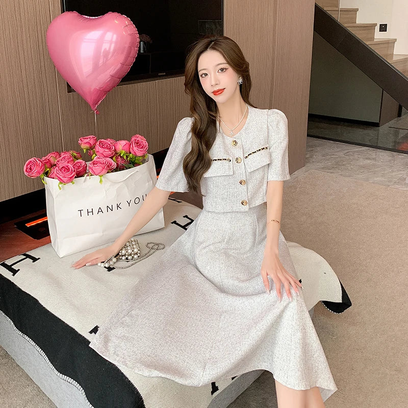 Small Fragrant New Summer Fashion Korean Sweet Elegant 2 Piece Set Women Coat Top + Midi Skirt Suits Womens Two Peice Sets